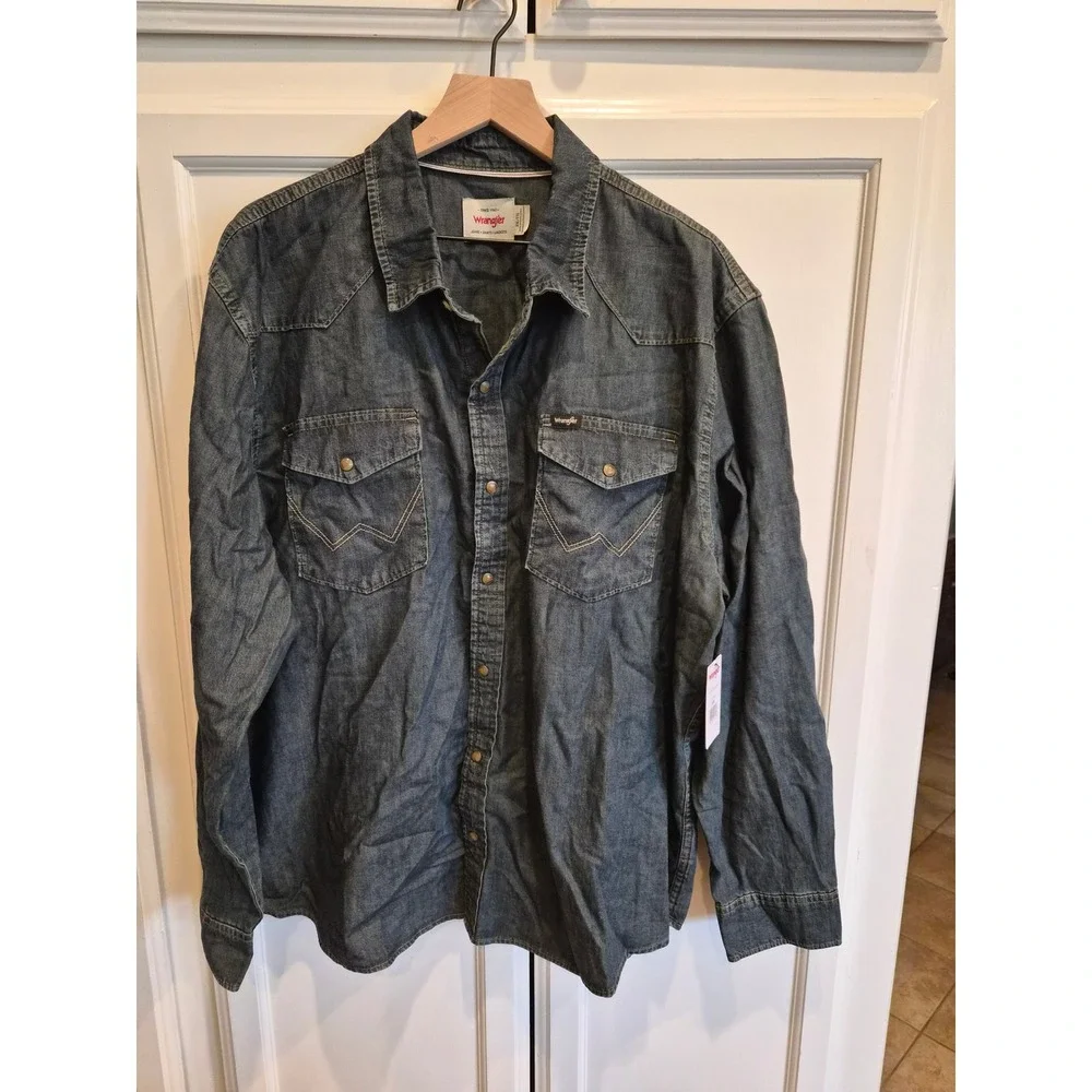 Wrangler Mens Western Snap Front Denim Shirt Dark Wash XXL 112372954 NWT